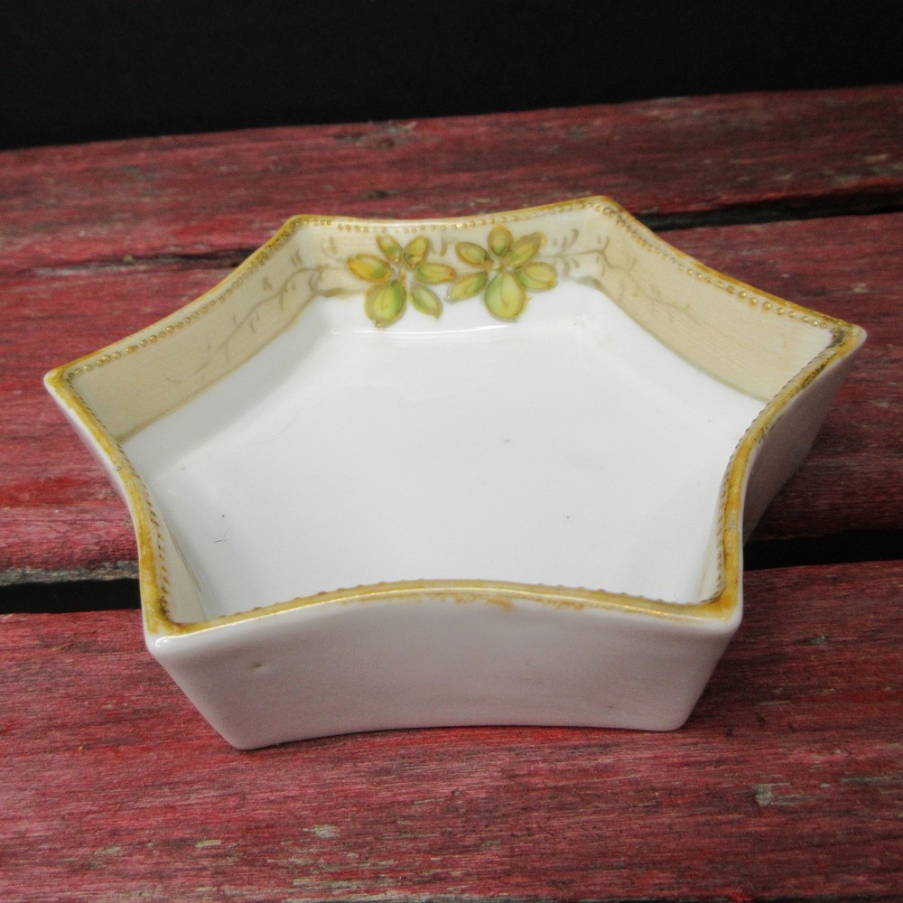 Vintage Nippon Hand Painted Porcelain Star Shaped Dish Bowl Gold Trim Leaves